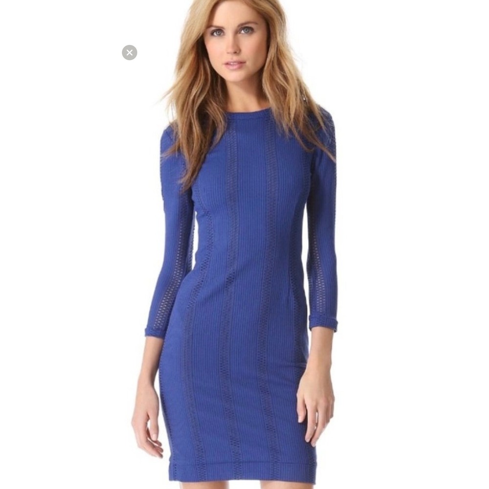 Rag & Bone Elsa Blue Ribbed Pointelle Knit Bodycon Dress Long Sleeve Mini Size 0